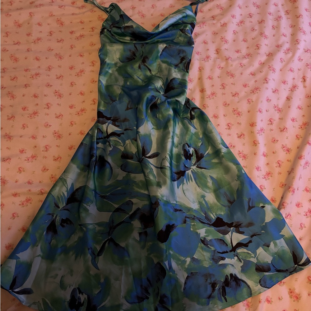 SHEIN Lace-up Blue and Green Floral Dress